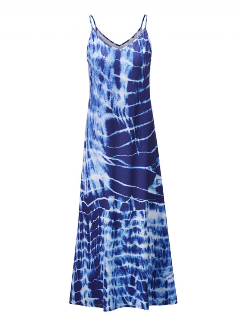 Maxi-jurken Dames Mouwloze Rode Tie-dye Bandjes Geplooide Hals Open Schouder Vloerlengte Jurk - Blauw