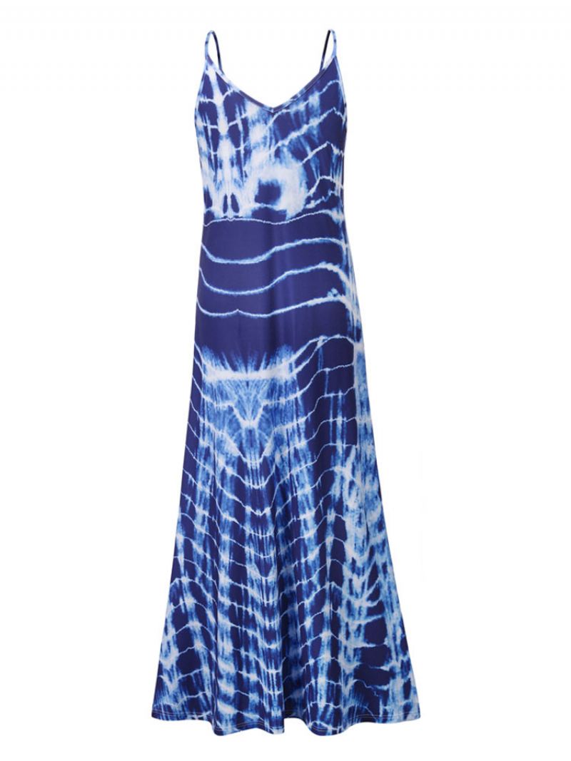 Maxi-jurken Dames Mouwloze Rode Tie-dye Bandjes Geplooide Hals Open Schouder Vloerlengte Jurk - Blauw