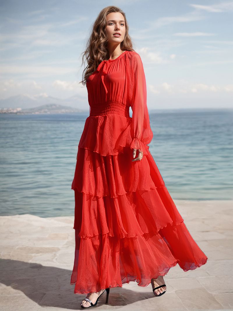 Rode Gelaagde Damesjurk Met Strikplooi Ronde Hals Boho Casual Maxi-jurken - Rood