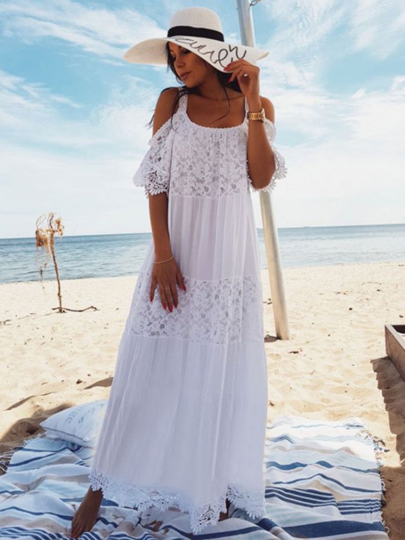 Witte Boho Jurk Dames Maxi Kant Halve Mouw Koude Schouder Strandjurk