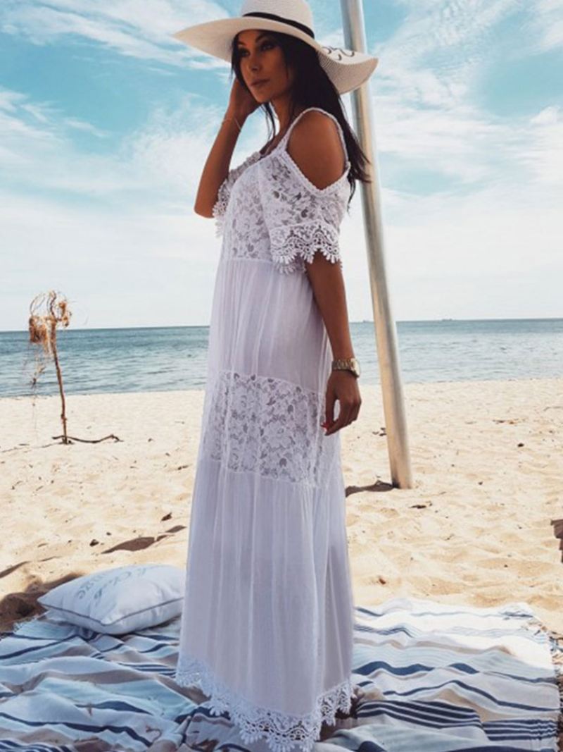 Witte Boho Jurk Dames Maxi Kant Halve Mouw Koude Schouder Strandjurk - Wit