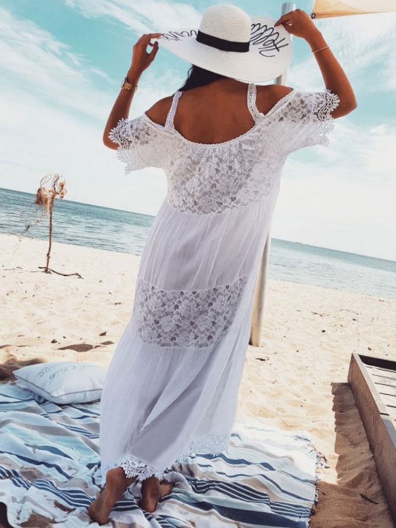 Witte Boho Jurk Dames Maxi Kant Halve Mouw Koude Schouder Strandjurk - Wit