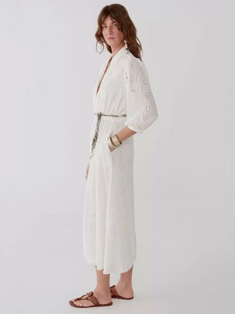 Witte Elegante Boho-jurk Dames Onder Naar Boven Holle Zomerjurken Met Riem - Beige