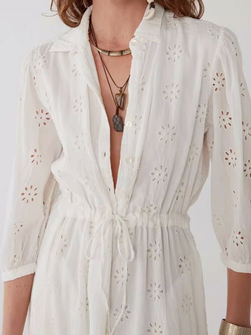 Witte Elegante Boho-jurk Dames Onder Naar Boven Holle Zomerjurken Met Riem - Beige