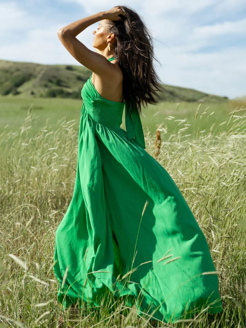 Zomer Maxi-jurken Dames Groene Geplooide Strandjurk Met V-hals - Groen