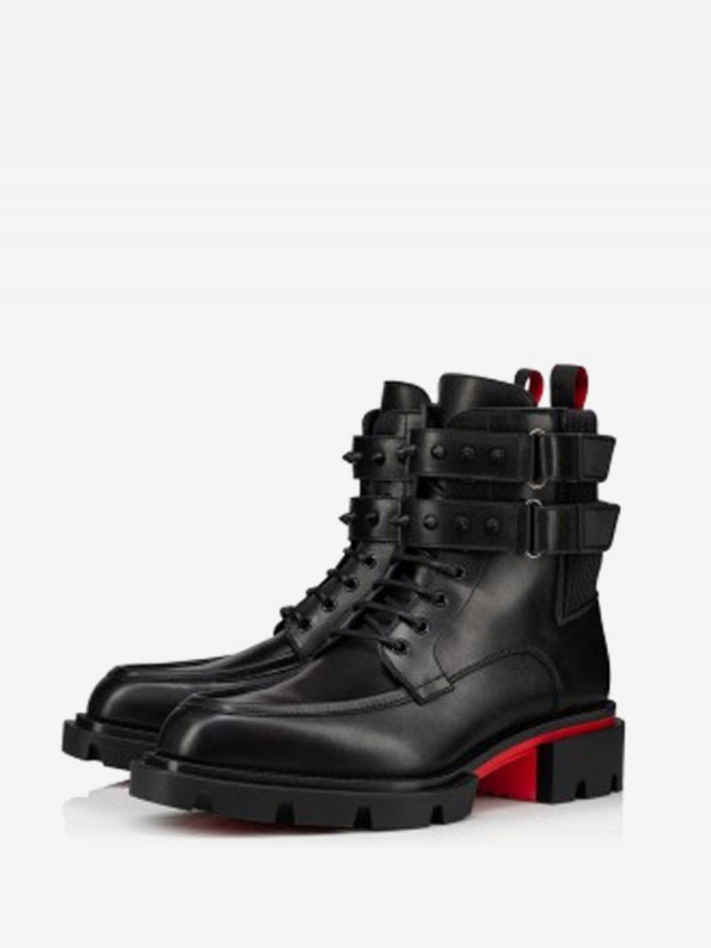 Heren Fight Combat Zwarte Gesp Klinknagels Lug Sole Twee Bandjes Spikes Militaire Veter Enkellaarzen