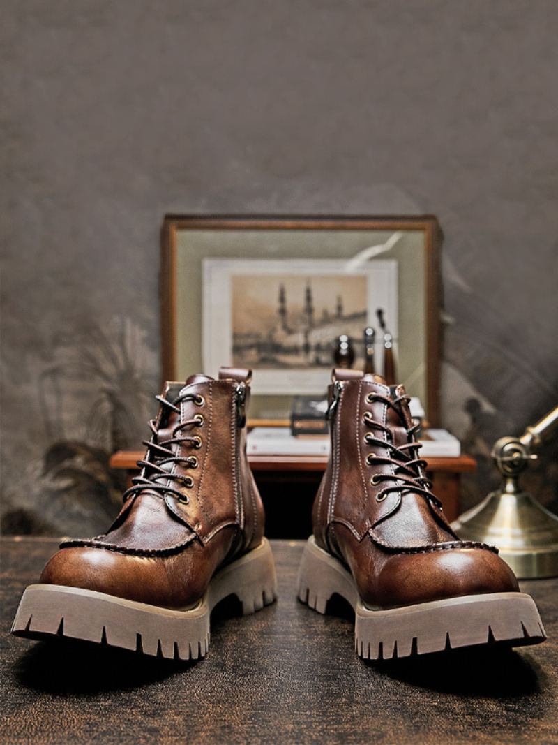 Martin Brogue Business Casual Retro Koffiebruine Koeienhuid Gevechtslaarzen Met Ronde Neus Heren - Koffie Bruin