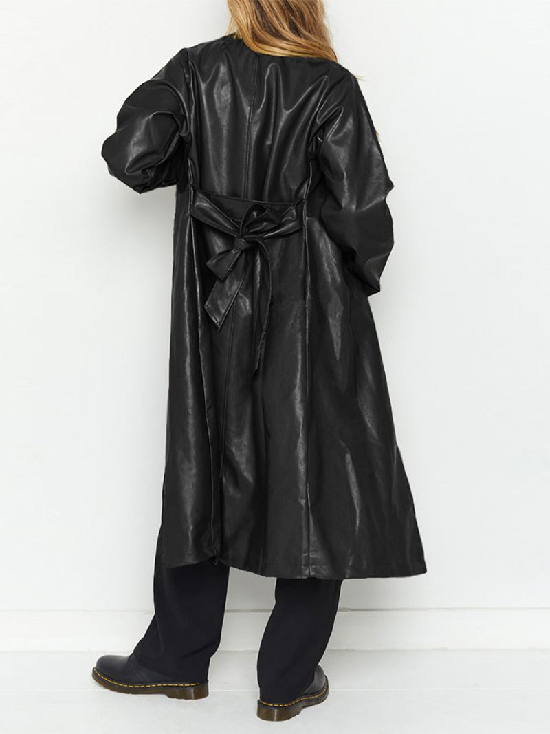 Dames Pu-leren Trenchcoat Met Ingekerfde Revers Oversized Dagelijkse Casual Bovenkleding - Zwart