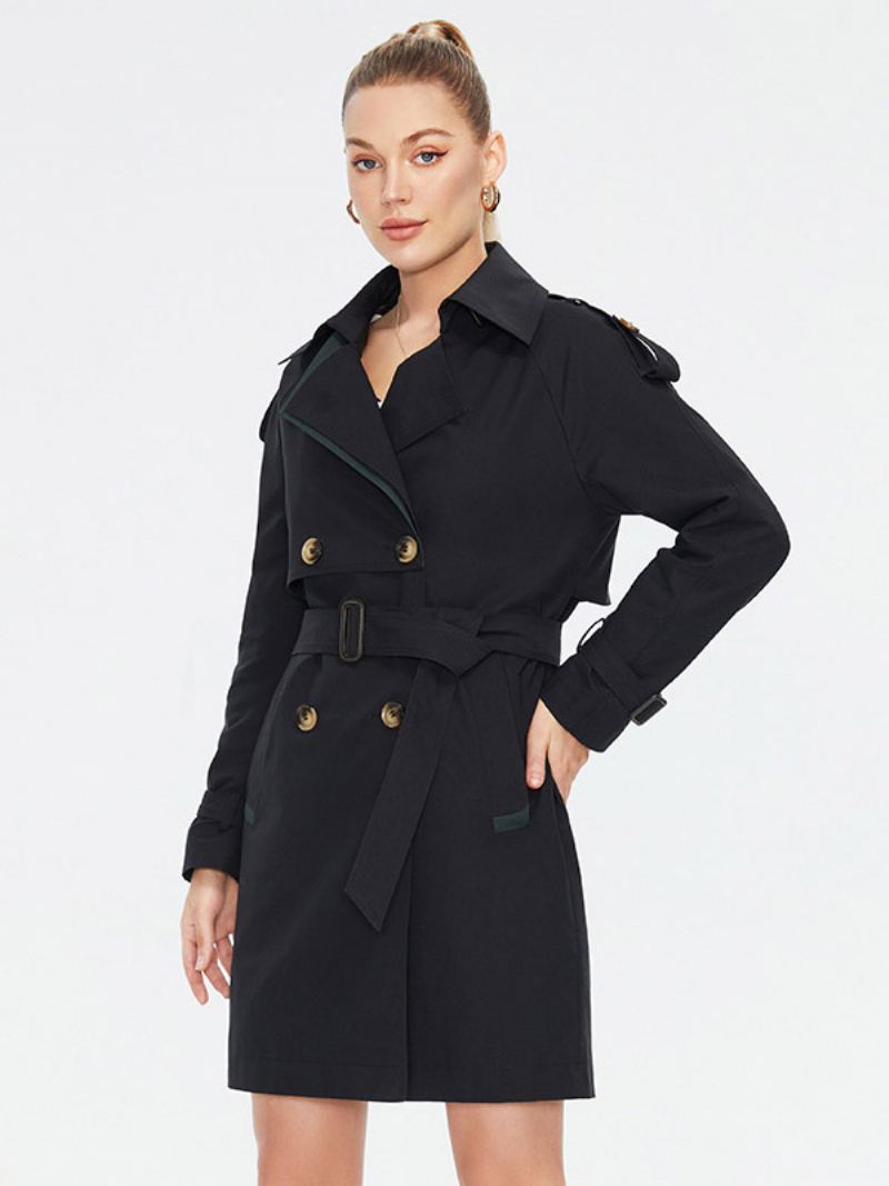 Dames Trenchcoat Reversknopen Winddichte Bovenkleding Met Riem - Zwart