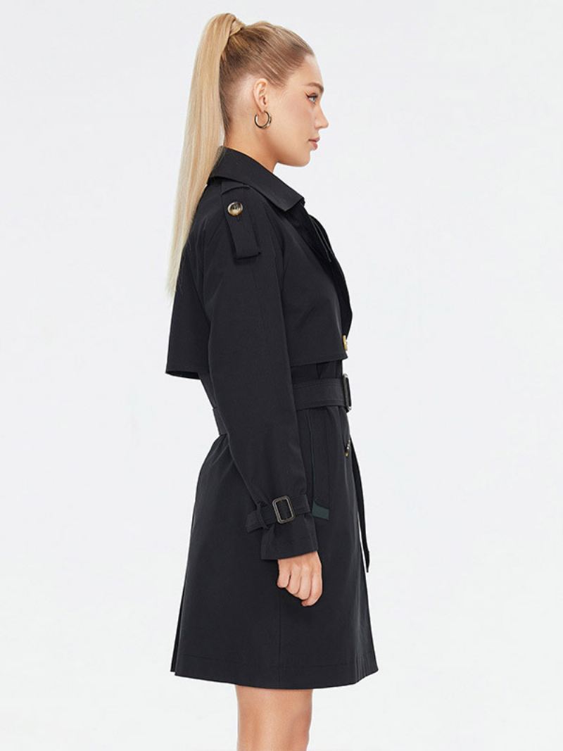 Dames Trenchcoat Reversknopen Winddichte Bovenkleding Met Riem - Zwart