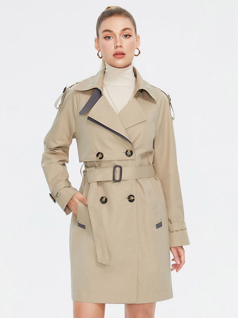 Dames Trenchcoat Reversknopen Winddichte Bovenkleding Met Riem - Kaki