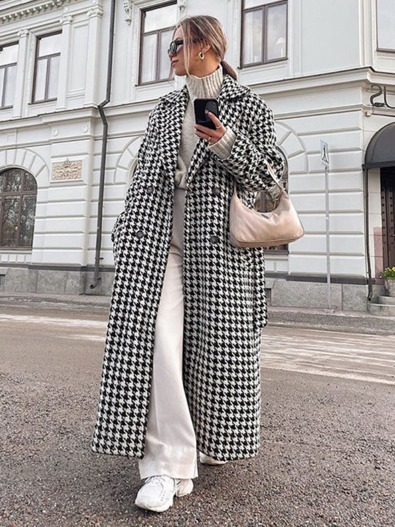 Houndstooth-overjas Dames Met Ingekerfde Reversknopen Lange Winterbovenkleding