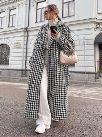 Houndstooth-overjas Dames Met Ingekerfde Reversknopen Lange Winterbovenkleding