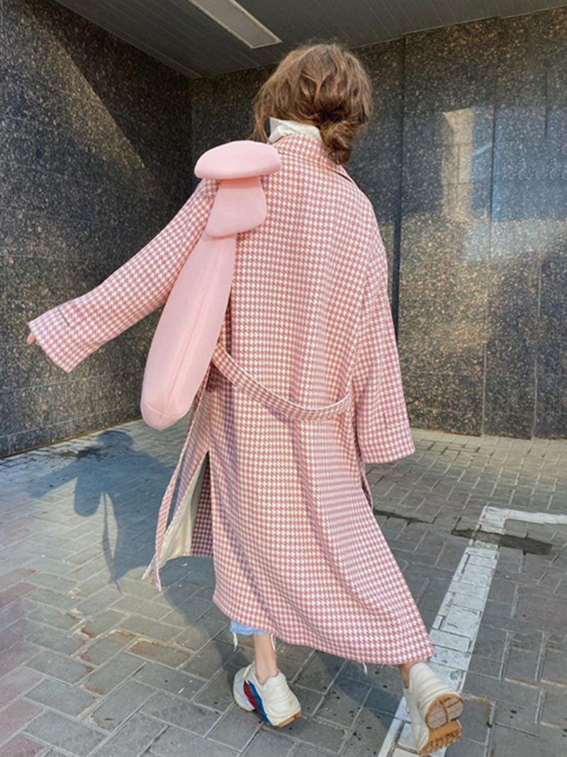 Houndstooth-overjas Dames Met Ingekerfde Reversknopen Lange Winterbovenkleding - Roze