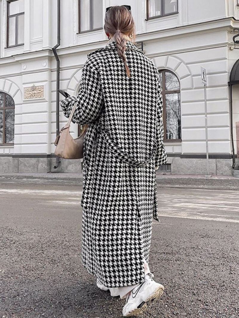 Houndstooth-overjas Dames Met Ingekerfde Reversknopen Lange Winterbovenkleding - Zwart