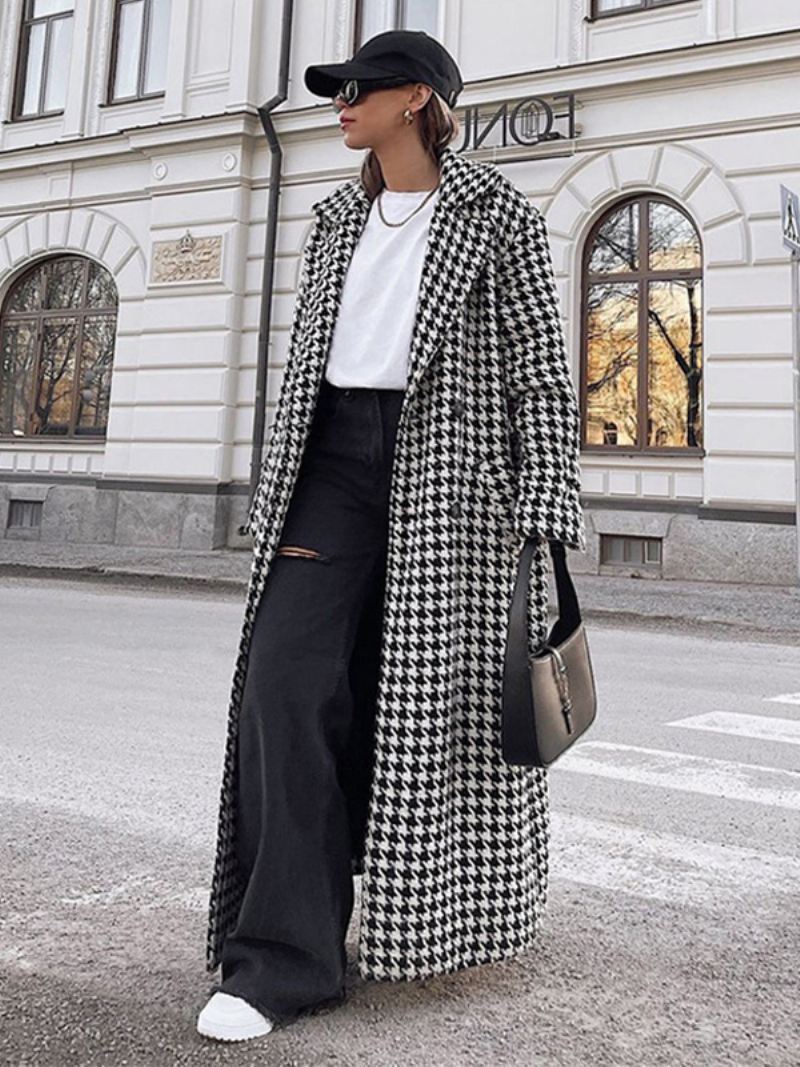 Houndstooth-overjas Dames Met Ingekerfde Reversknopen Lange Winterbovenkleding - Zwart