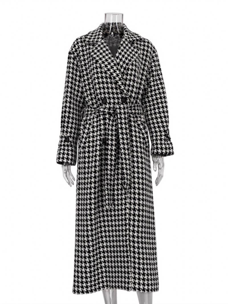 Houndstooth-overjas Dames Met Ingekerfde Reversknopen Lange Winterbovenkleding - Zwart