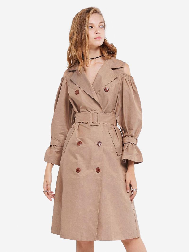 Kaki Trenchcoat Dames Met Ingekerfde Revers Zakken Riem