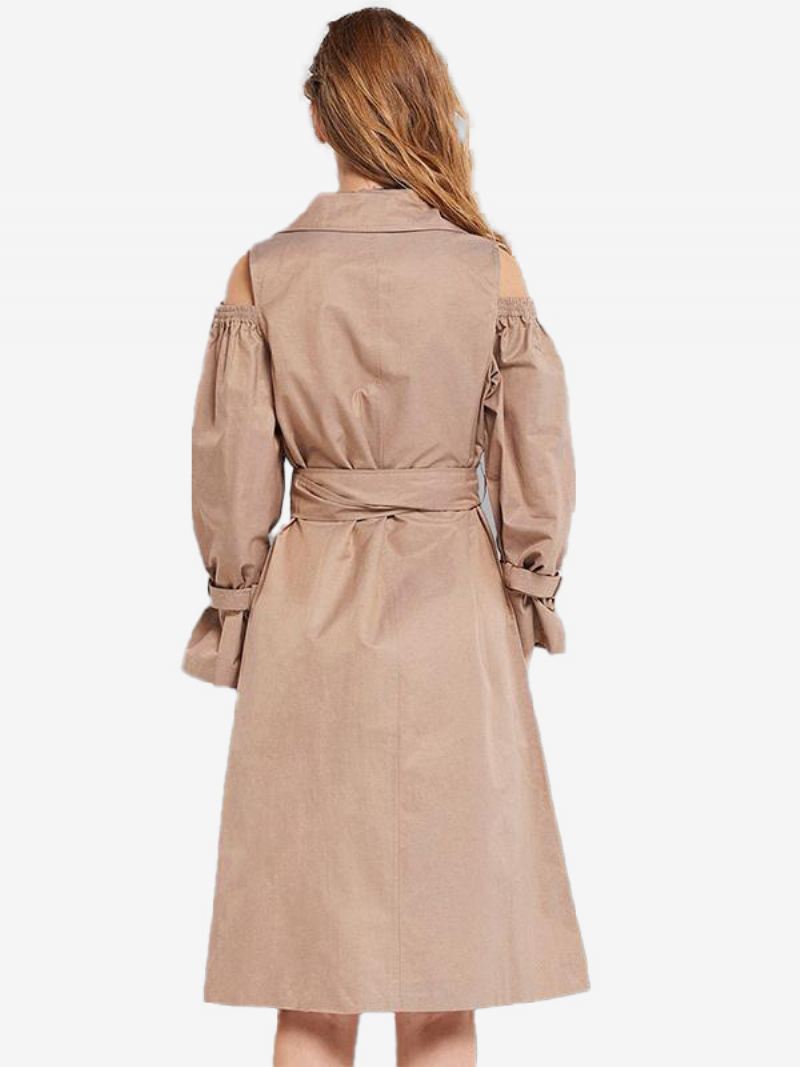 Kaki Trenchcoat Dames Met Ingekerfde Revers Zakken Riem - Khaki