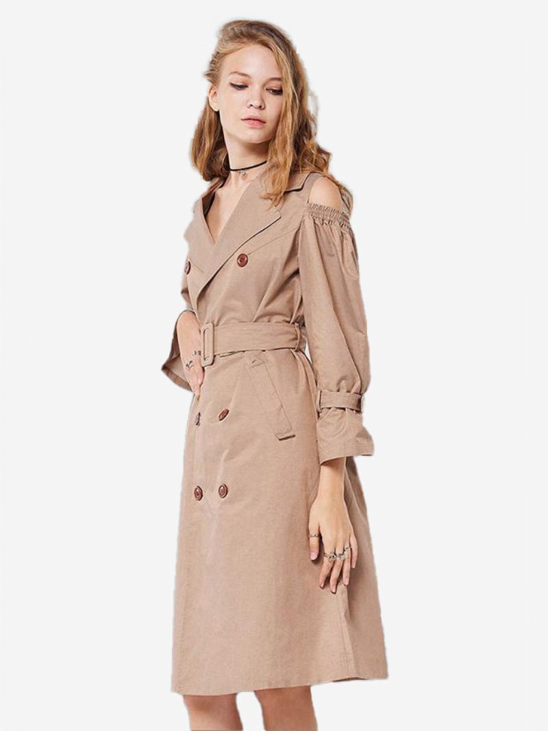 Kaki Trenchcoat Dames Met Ingekerfde Revers Zakken Riem - Khaki