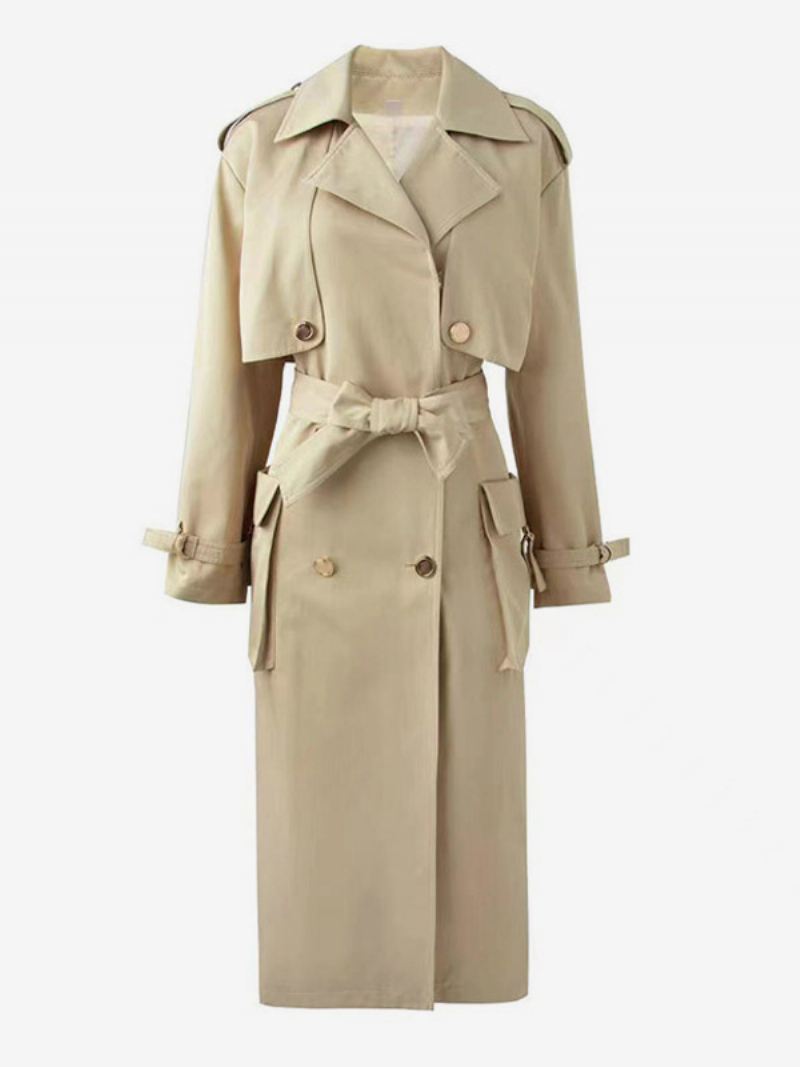 Klassieke Damestrenchcoat Met Ingekerfde Revers Dubbele Rij Knopen - Khaki