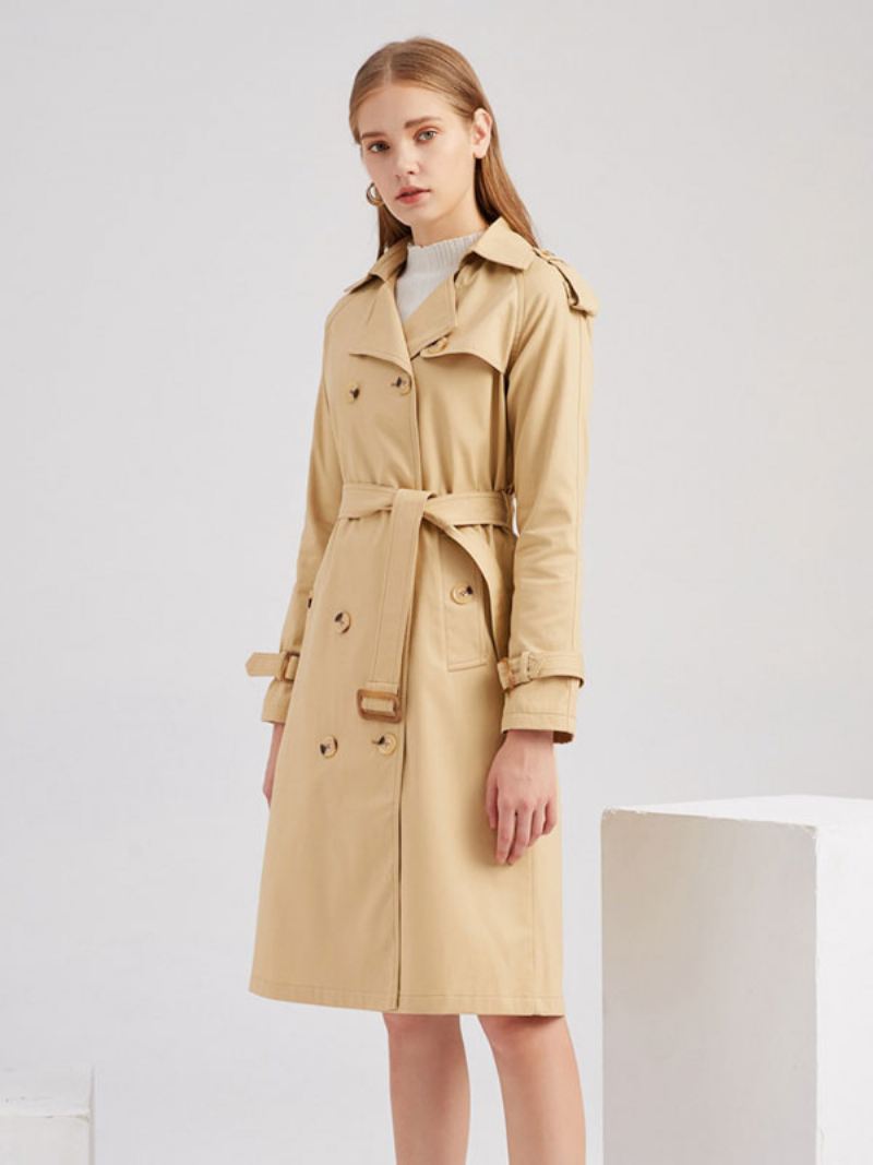 Lange Trenchcoat Kaki Kraag Mouwen Revers Klassiek Dubbele Rij Knopen Lente Herfst Straat Uitloper Dames