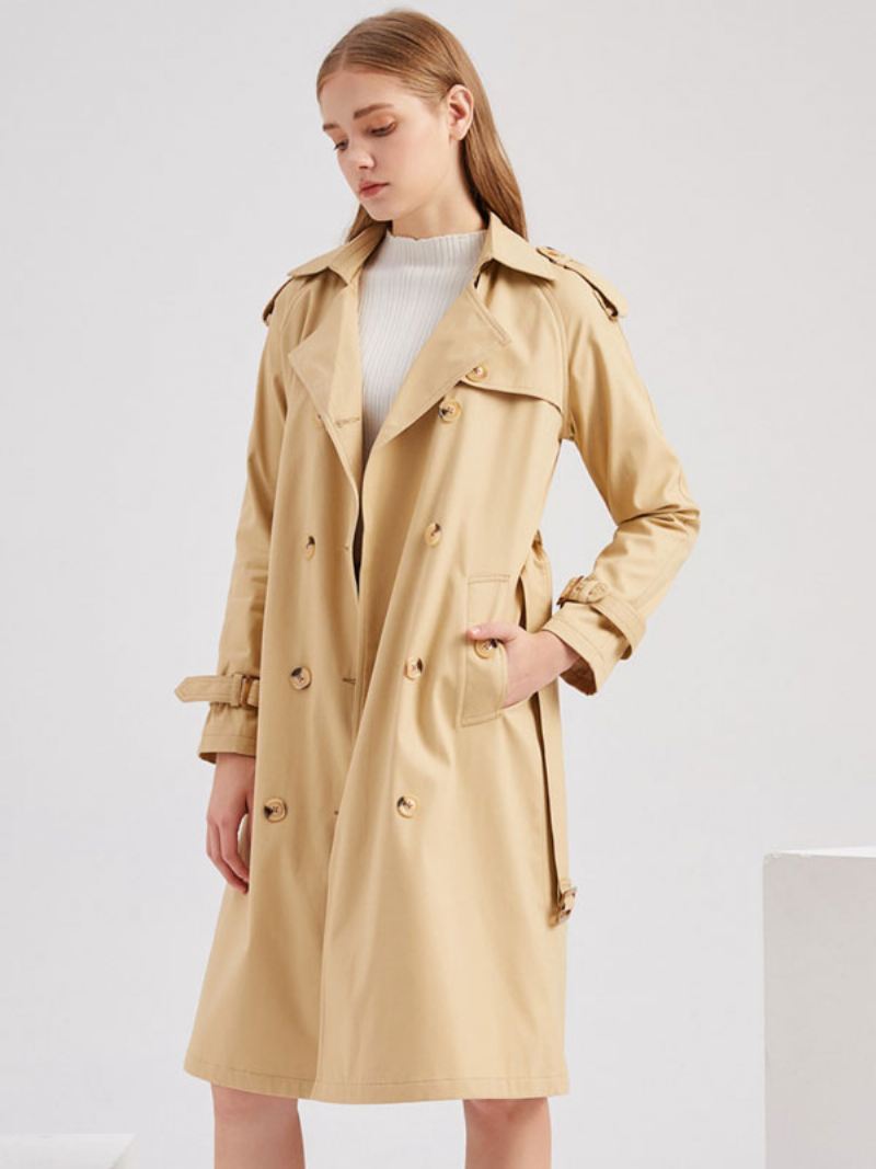 Lange Trenchcoat Kaki Kraag Mouwen Revers Klassiek Dubbele Rij Knopen Lente Herfst Straat Uitloper Dames - Kaki