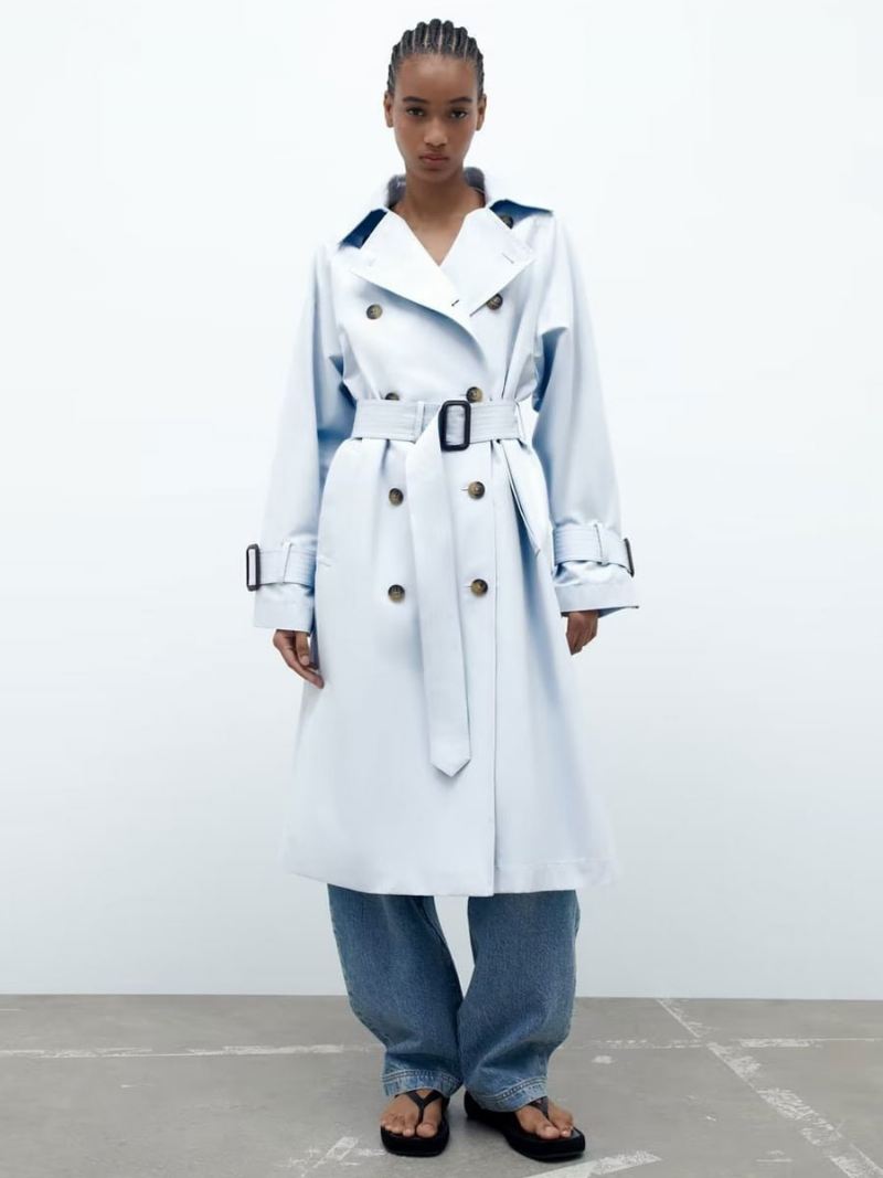 Trenchcoat Dames Babyblauw Kraag Lange Mouwen Bovenkleding