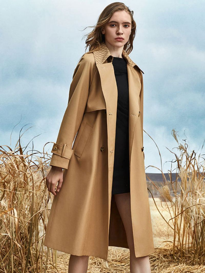 Trenchcoat Dames Goede Kwaliteit Asymmetrische Polyester Kraag Knopen Lange Mouwen - Kaki