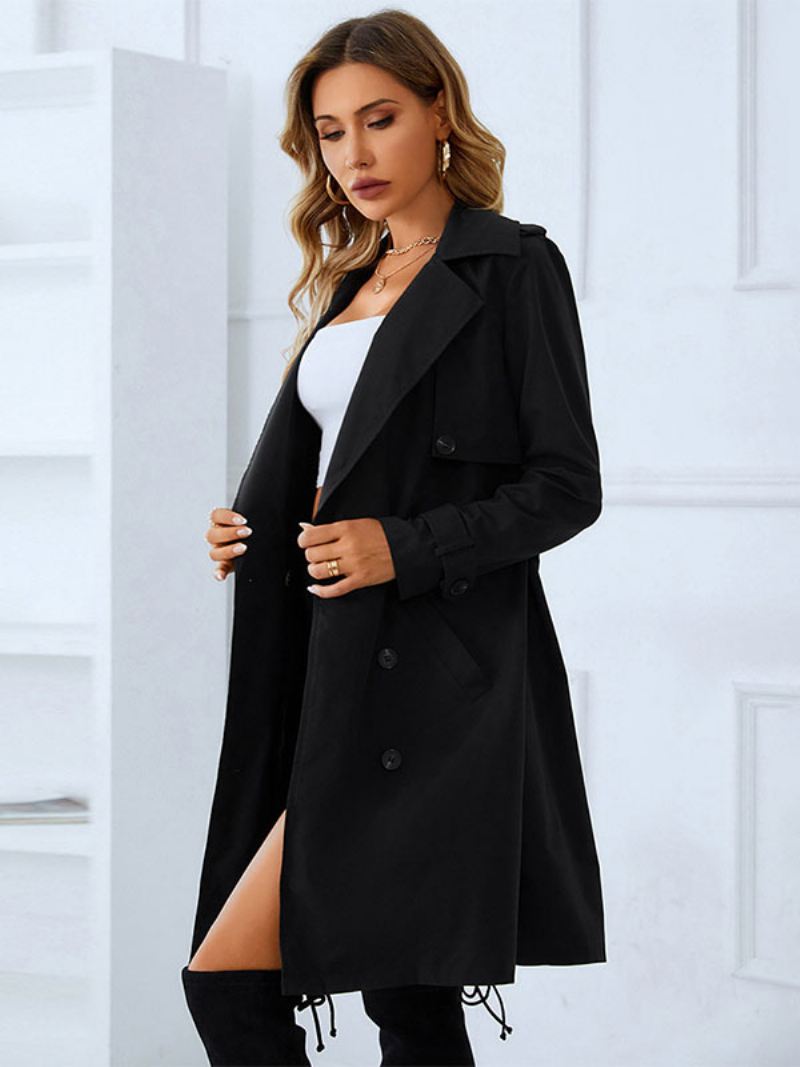 Trenchcoat Dames Goede Kwaliteit Kraagknopen Lange Mouwen Winter Warme Bovenkleding - Zwart