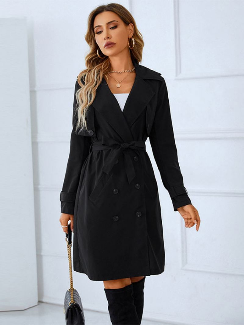 Trenchcoat Dames Goede Kwaliteit Kraagknopen Lange Mouwen Winter Warme Bovenkleding - Zwart