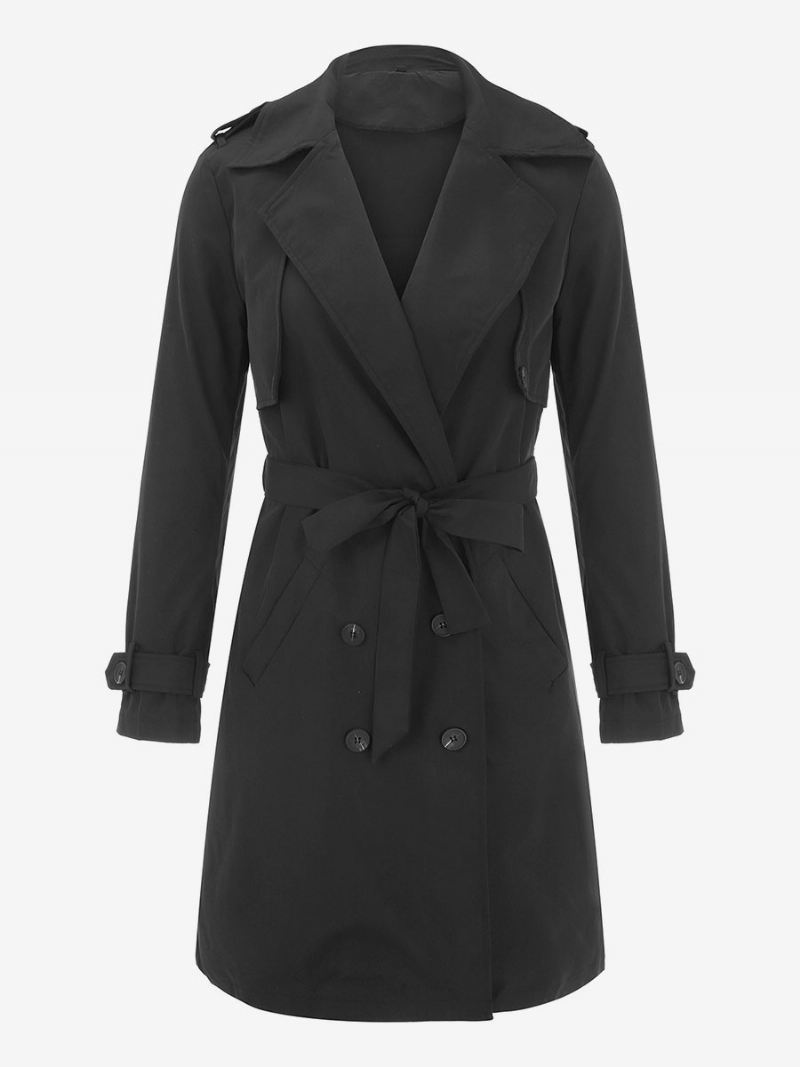 Trenchcoat Dames Goede Kwaliteit Kraagknopen Lange Mouwen Winter Warme Bovenkleding - Zwart