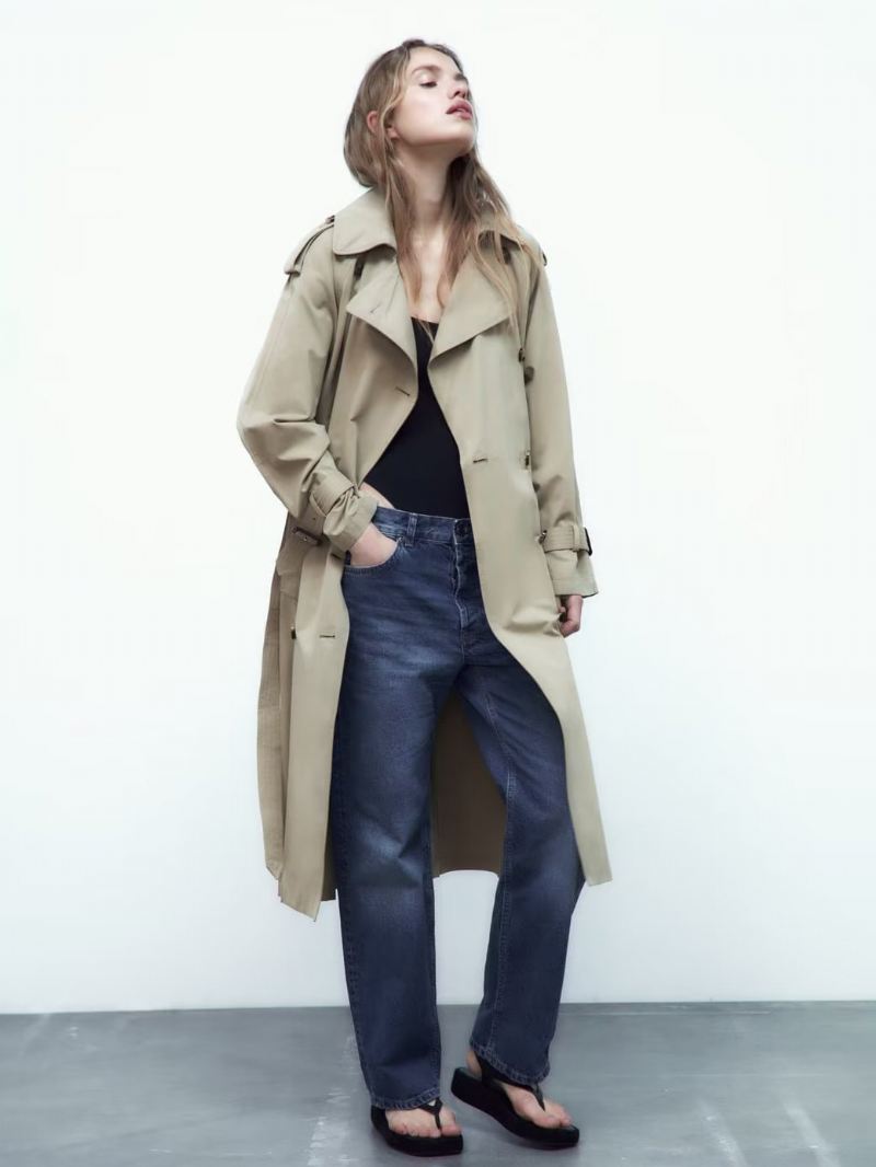 Trenchcoat Dames Kaki Kraag Met Lange Mouwen Bovenkleding