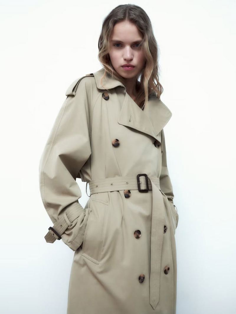 Trenchcoat Dames Kaki Kraag Met Lange Mouwen Bovenkleding - Khaki