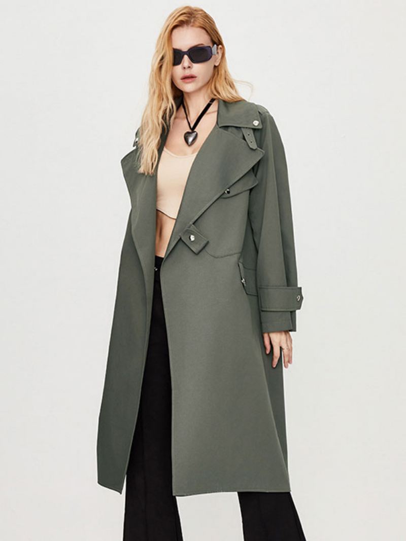 Trenchcoat Dames Kraag Lange Mouwen Knopen Herfstbovenkleding - Diepgrijs