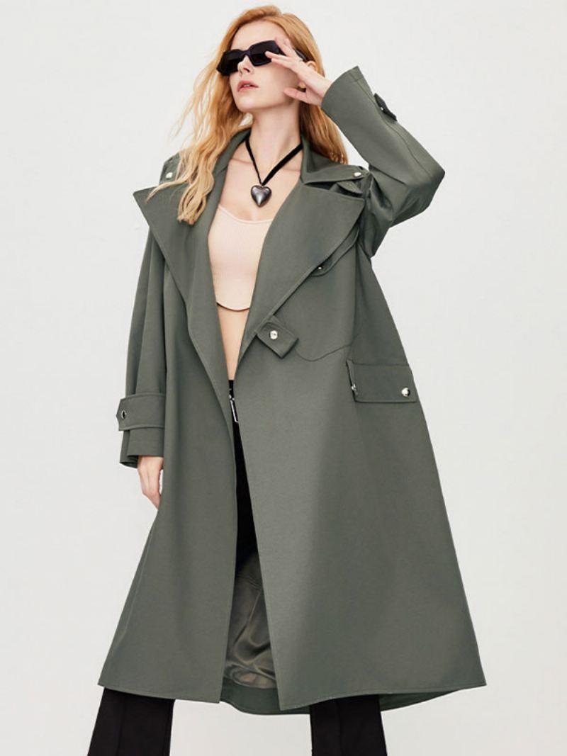 Trenchcoat Dames Kraag Lange Mouwen Knopen Herfstbovenkleding - Diepgrijs