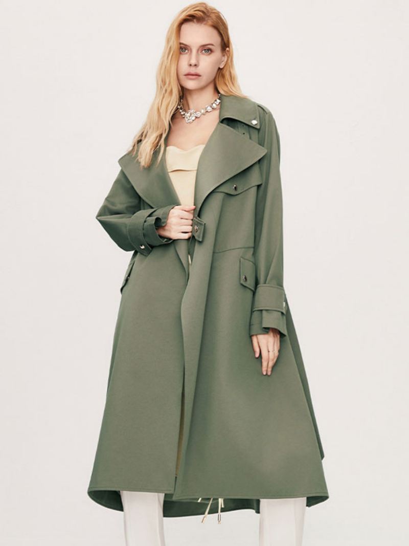 Trenchcoat Dames Kraag Lange Mouwen Knopen Herfstbovenkleding - Huntergroen