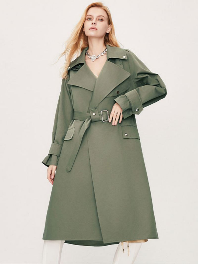 Trenchcoat Dames Kraag Lange Mouwen Knopen Herfstbovenkleding - Huntergroen