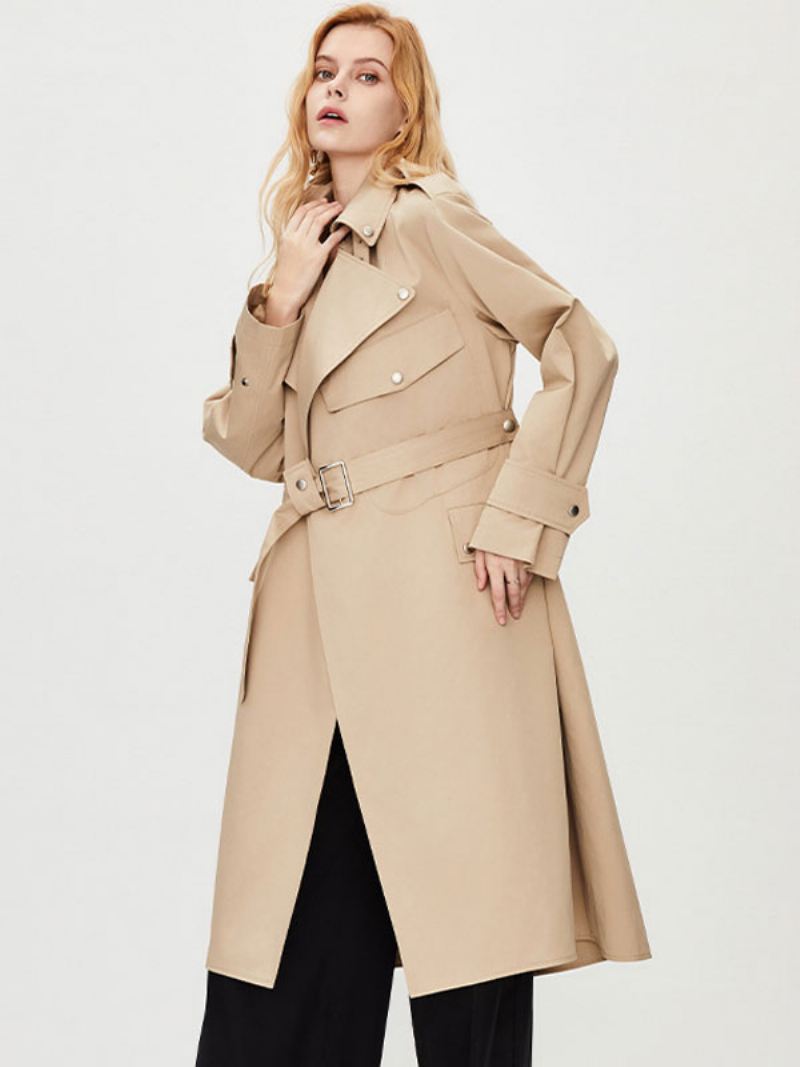 Trenchcoat Dames Kraag Lange Mouwen Knopen Herfstbovenkleding - Kaki