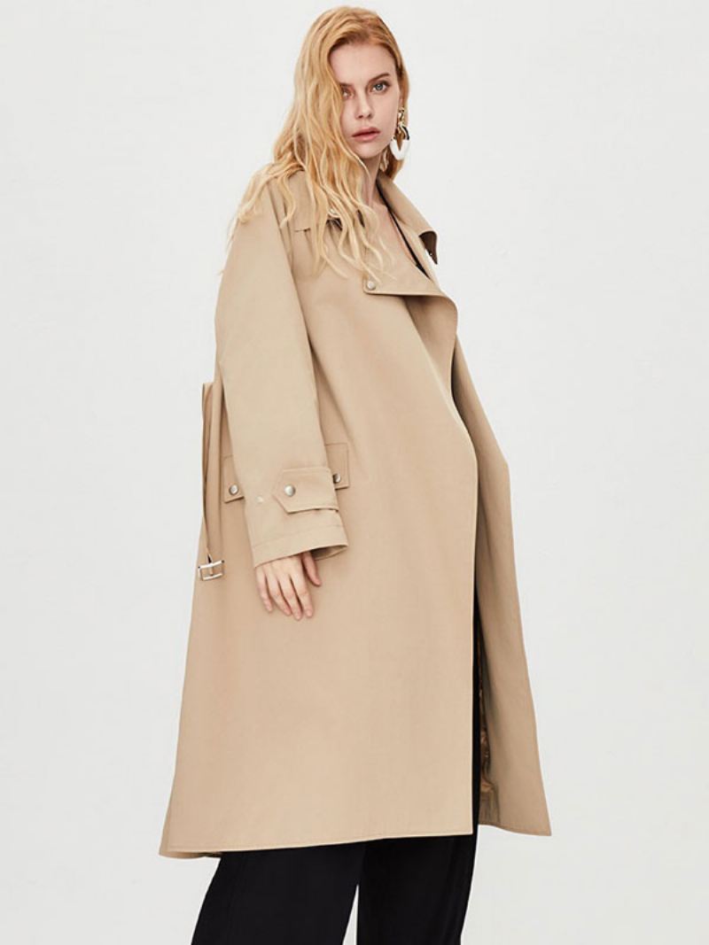 Trenchcoat Dames Kraag Lange Mouwen Knopen Herfstbovenkleding - Kaki