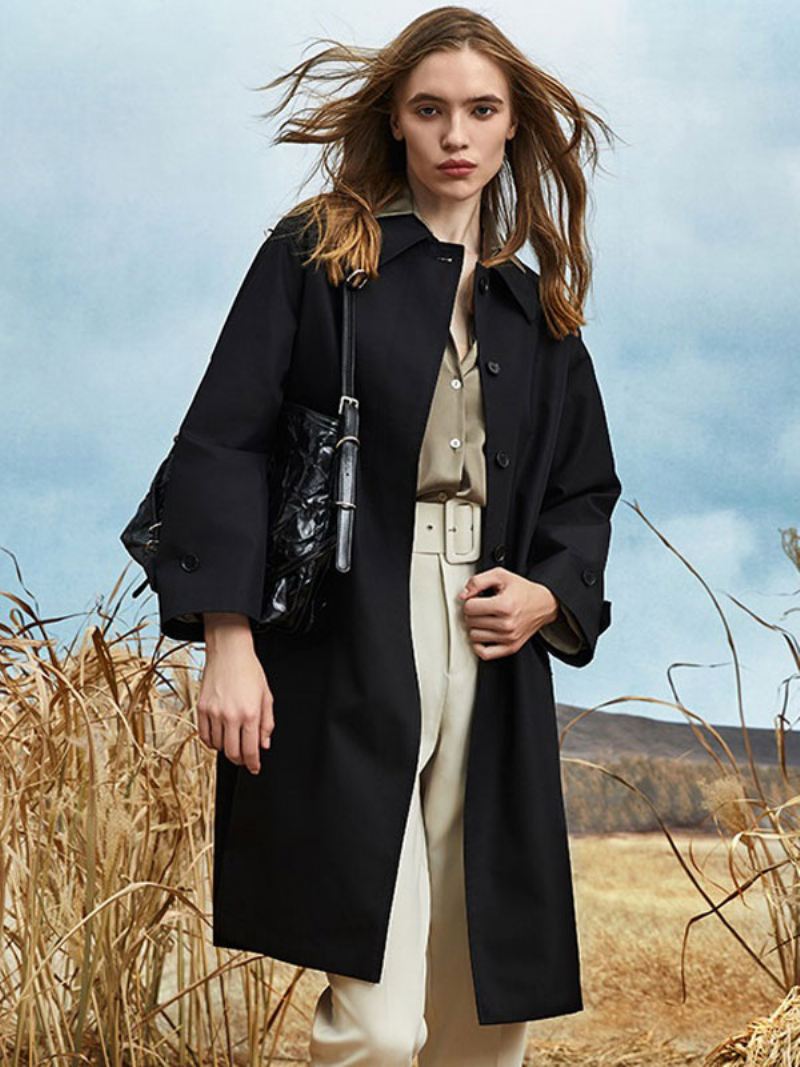 Trenchcoat Dames Kraag Met Lange Mouwen Effen Kleur Bovenkleding - Zwart