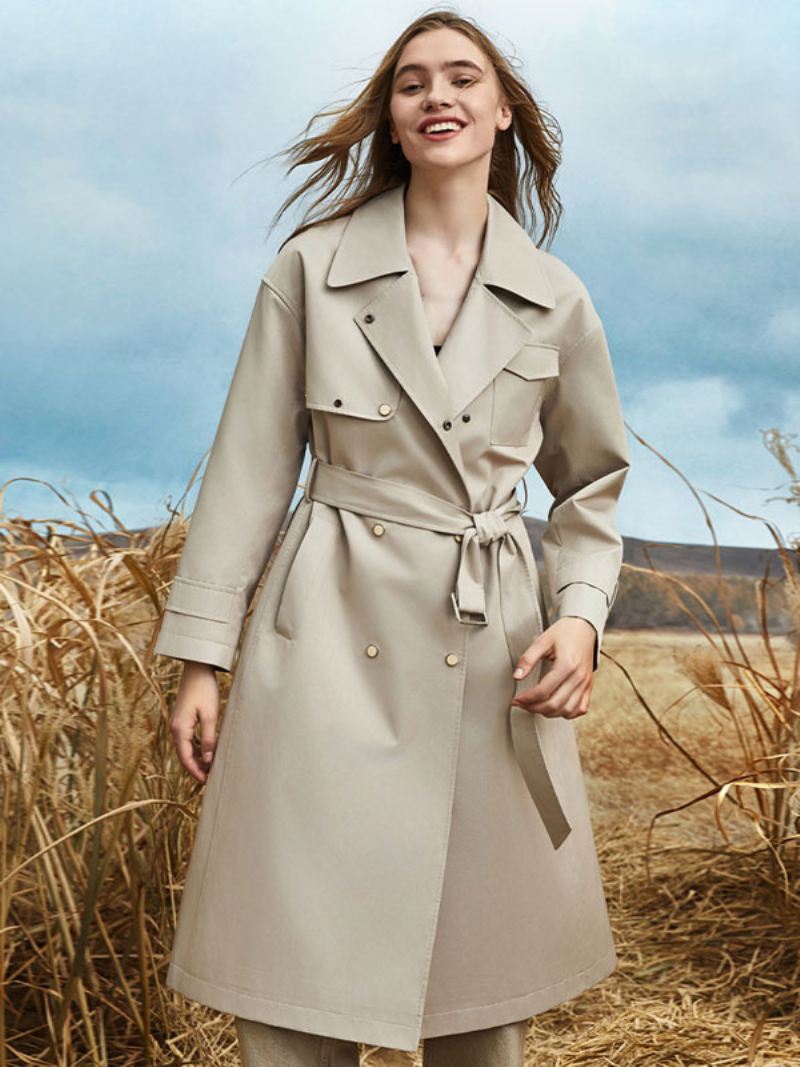 Trenchcoat Dames Kraag Sjerp Lange Mouwen Herfst Lente Bovenkleding - Beige