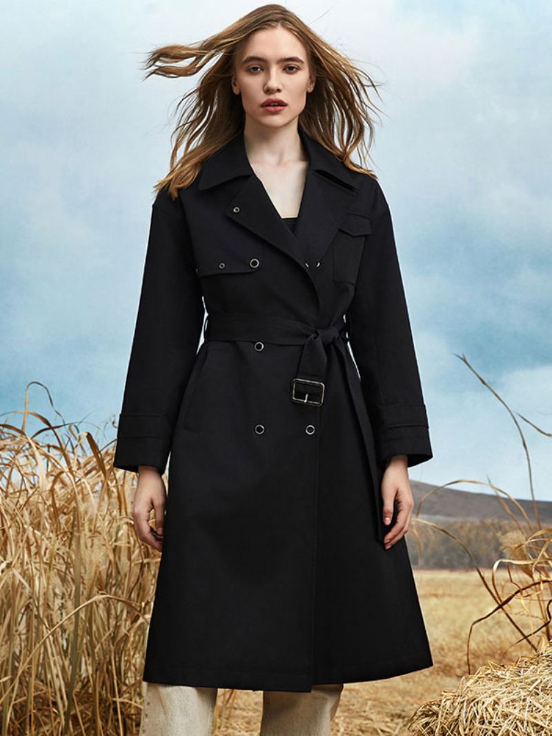 Trenchcoat Dames Kraag Sjerp Lange Mouwen Herfst Lente Bovenkleding - Zwart