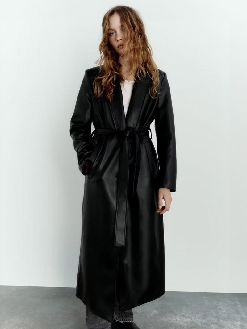 Trenchcoat Dames Mode Pu-leer Kraag Sjerp Lange Mouwen