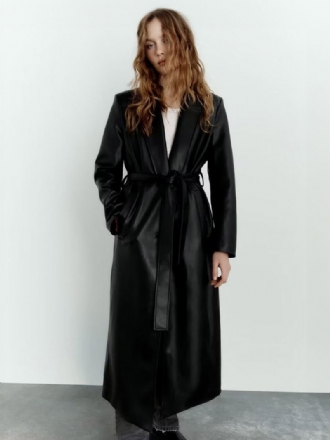 Trenchcoat Dames Mode Pu-leer Kraag Sjerp Lange Mouwen