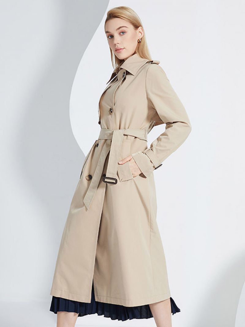 Trenchcoat Dames Revers Dubbele Rij Knopen Chique Herfst Lente Bovenkleding - Kaki