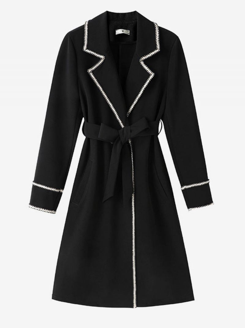 Trenchcoat Dames Revers Lange Mouwen Herfst Bovenkleding - Zwart