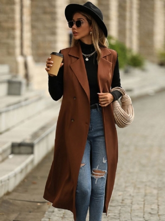 Trenchcoat Koffie Bruin Mouwloos Lang Vest Riem Met Dubbele Rij Knopen Slim Fit Casual Lente Herfst Straat Bovenkleding Dames