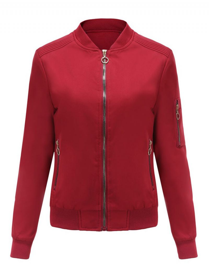 Bomberjack Roze Casual Honkbaljack Effen Kleur Opstaande Kraag Ritssluiting Lente Herfst Straat Bovenkleding Dames - Rood