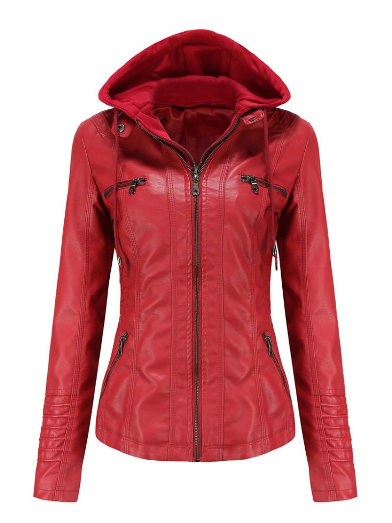 Kunstleer Jack Afneembare Capuchon Pu Ritssluiting Effen Kleur Lente Herfst Straat Biker Bovenkleding Dames - Rood